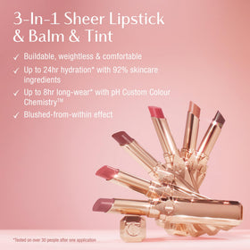 Charlotte Tilbury Pillow Talk Blush Balm hydration formula closeup highlights skincare ingredients.