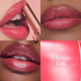 Charlotte Tilbury Pillow Talk Blush Balm Lip Tint close-up showing skincare ingredients nourishing lips.