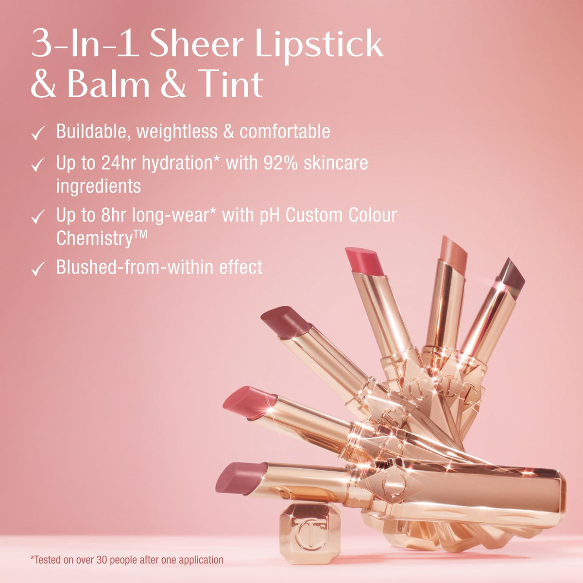 Charlotte Tilbury Pillow Talk Blush Balm Lip Tint longwear swatch demonstrates color longevity.