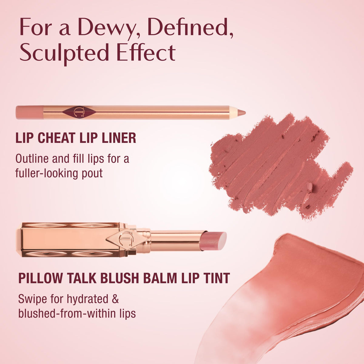 Charlotte Tilbury Pillow Talk Blush Balm on lips delivers a natural, plump-looking finish.