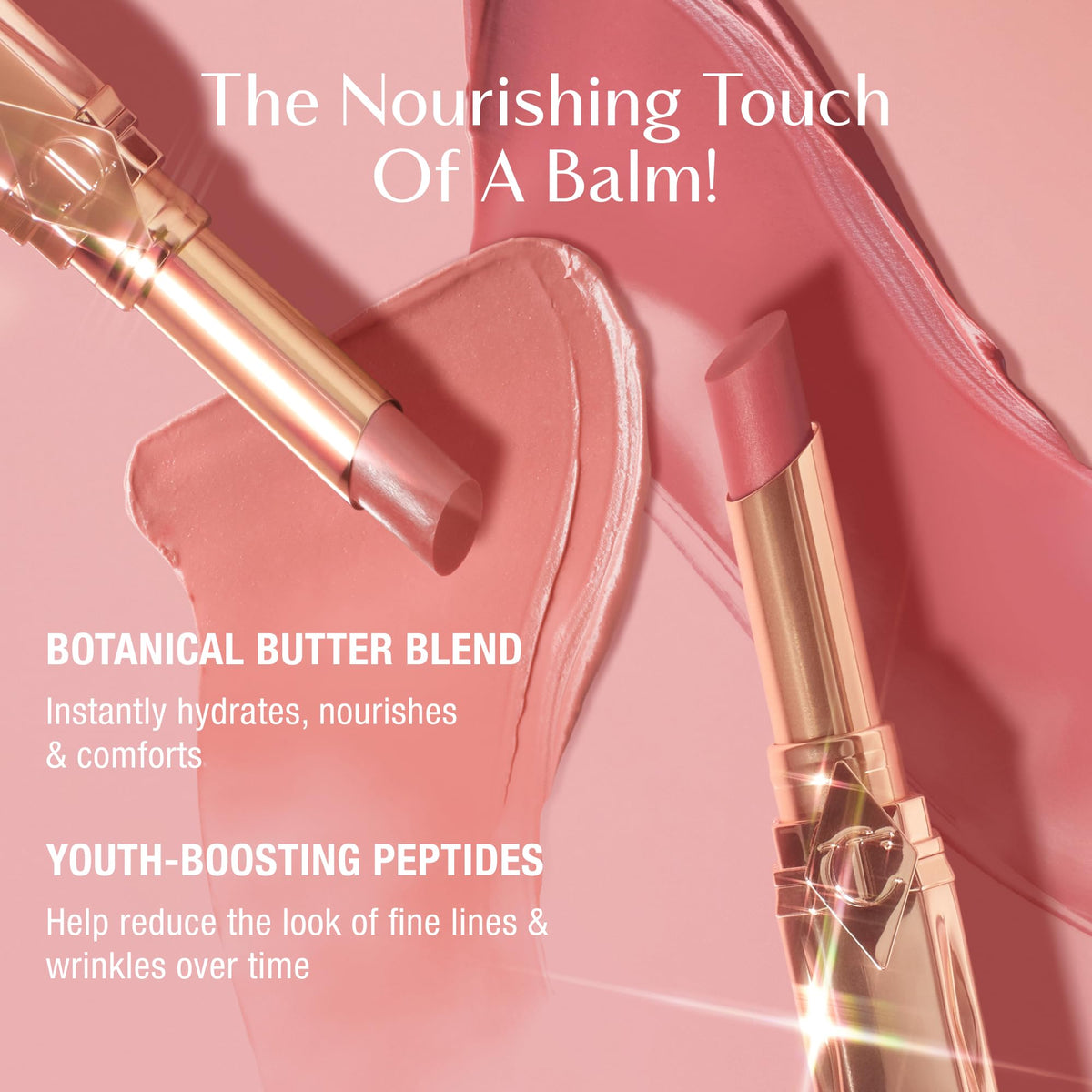 Charlotte Tilbury Pillow Talk Blush Balm lip texture swatch shows glide-on comfort.