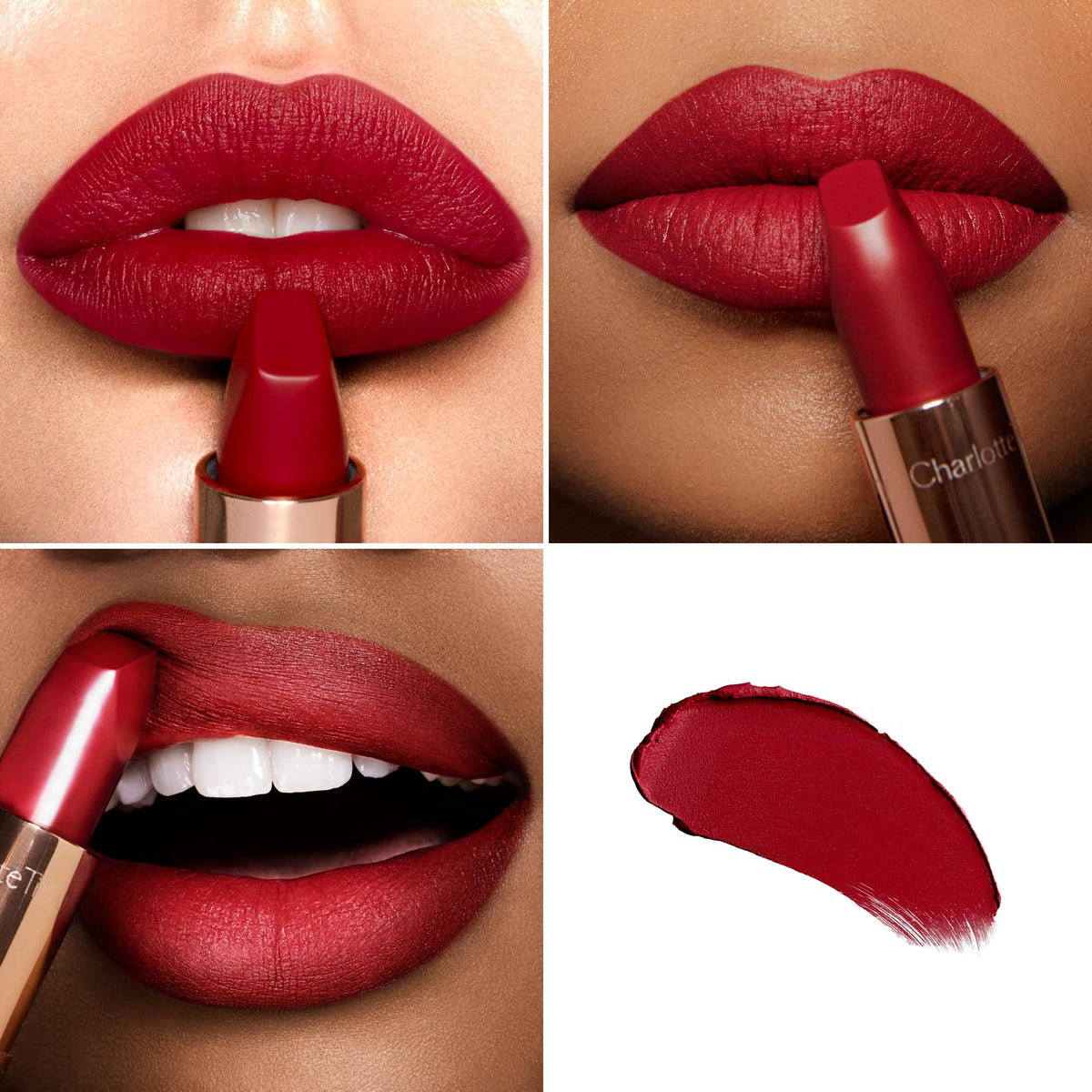 Charlotte Tilbury Matte Revolution Red Carpet Red swatch showing buildable color