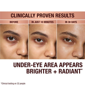 Charlotte Tilbury under eye patch application close-up showing cooling hydrogel.