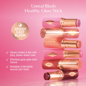 Charlotte Tilbury Unreal Healthy Glow Blush Stick texture highlights skin hydration and a soft glow.