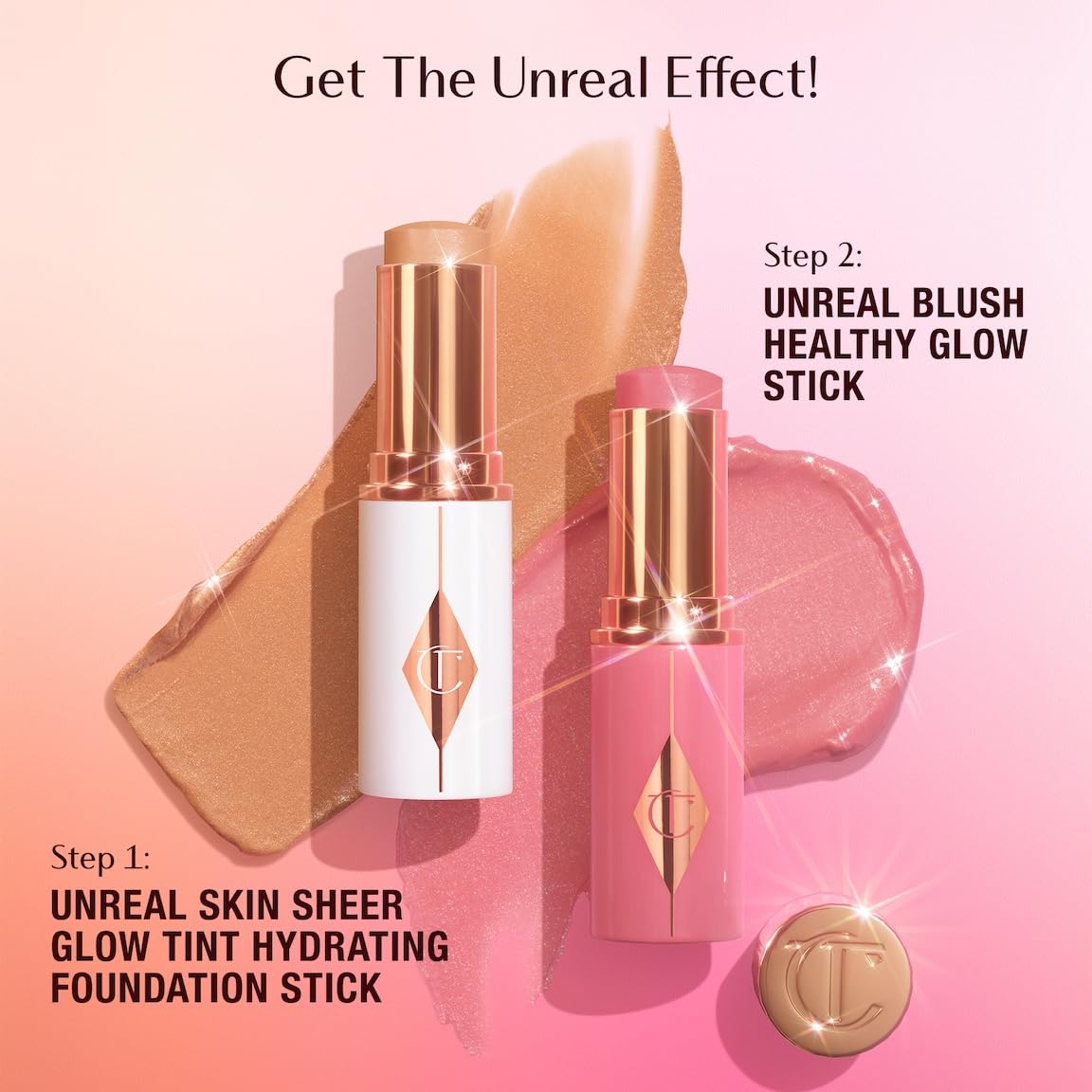 Charlotte Tilbury Unreal Healthy Glow Blush Stick sunset glow on cheeks for luminous finish.