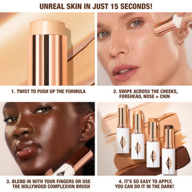 Charlotte Tilbury Unreal Skin Tint application with fingers for quick, natural glow.