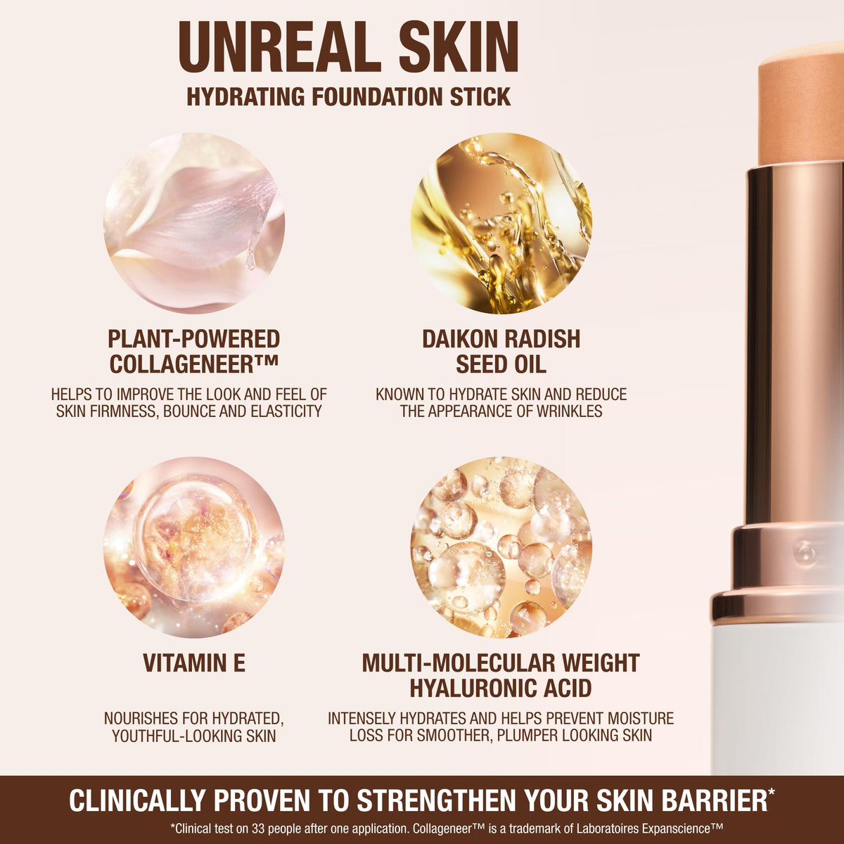 Charlotte Tilbury Unreal Skin Tint ingredients include hyaluronic acid and vitamin E.