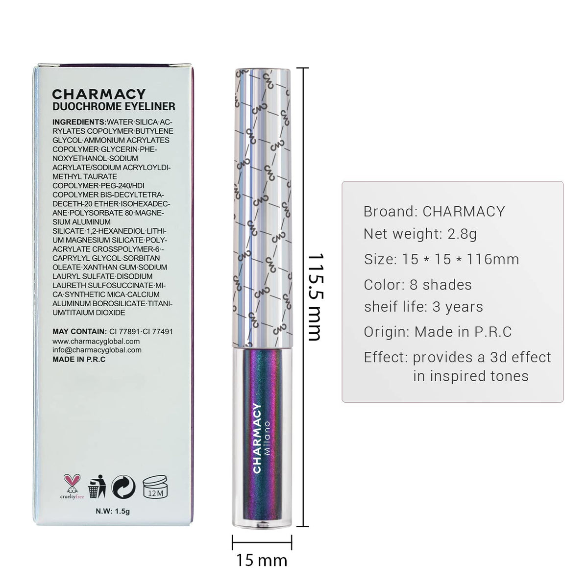 CHARMACY Chameleon eyeliner vegan skin-safe label indicates gentle, cruelty-free formula
