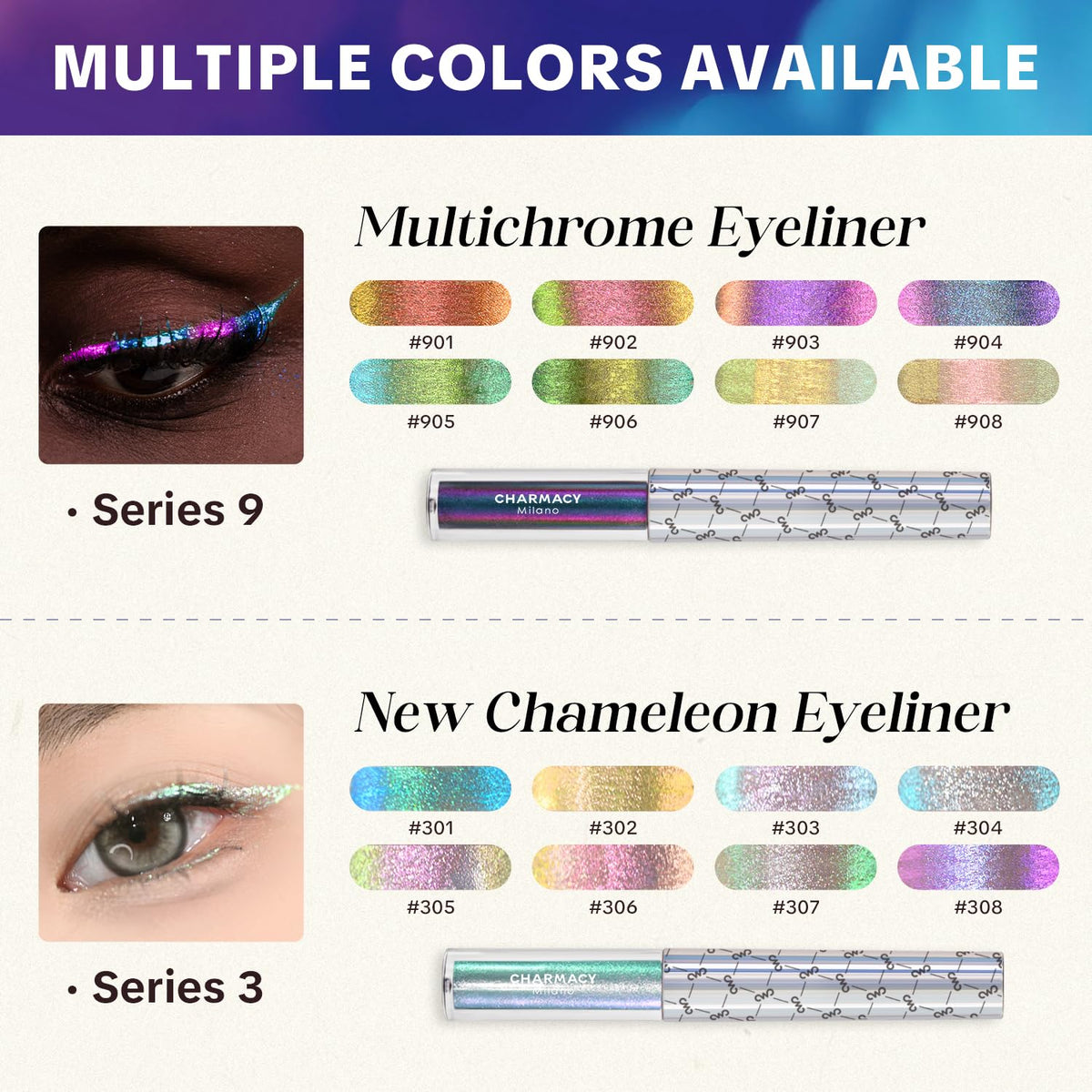 CHARMACY Chameleon eyeliner wet finish visible on eyelid for lasting color
