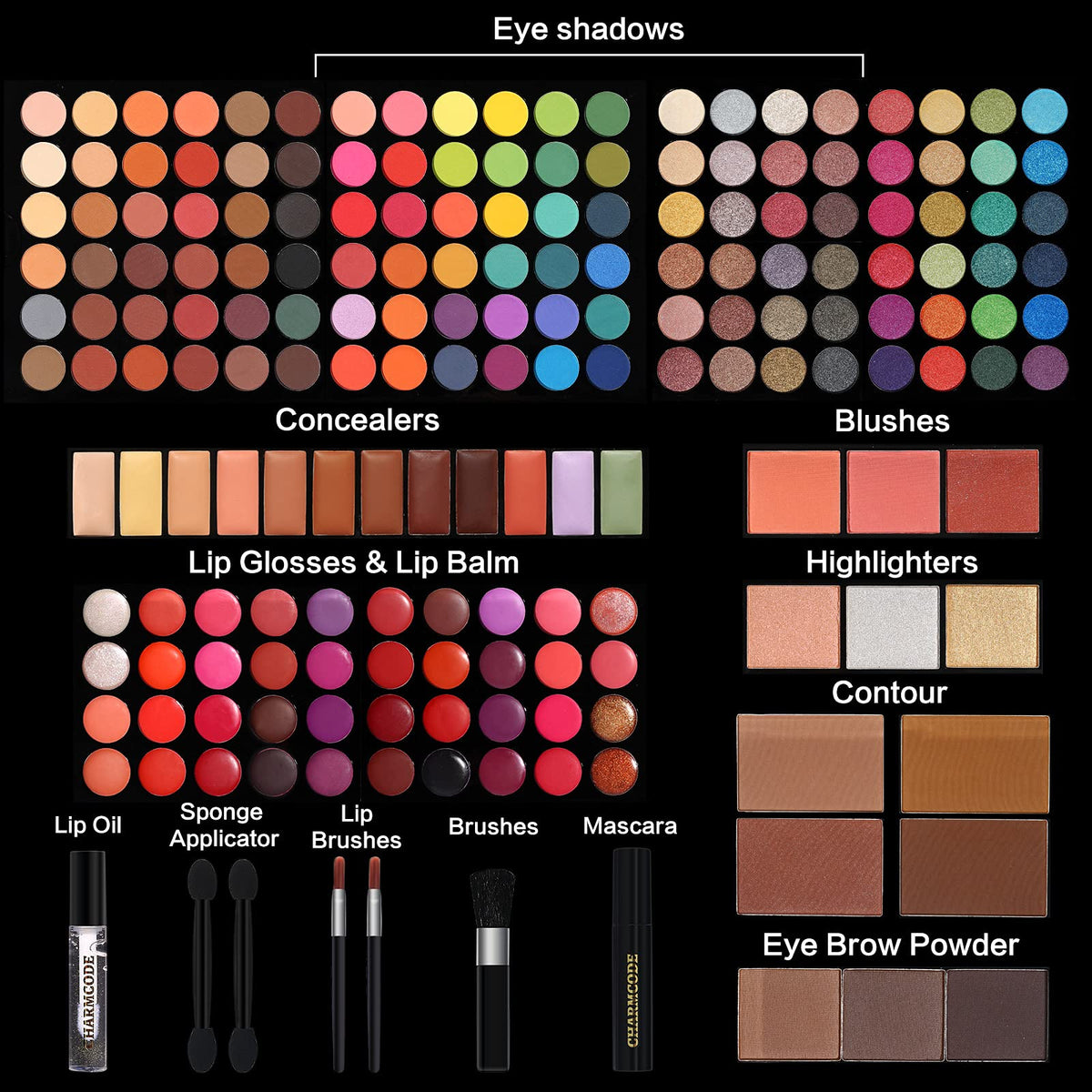 CHARMCODE all-in-one makeup kit open top view reveals color variety.
