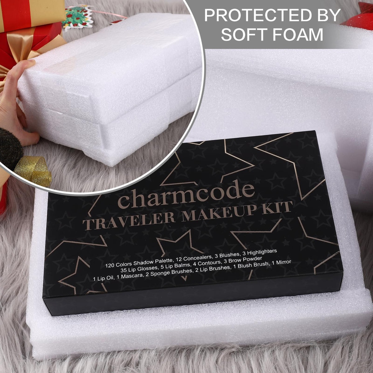 CHARMCODE makeup brushes and applicators included for complete on-the-go looks.