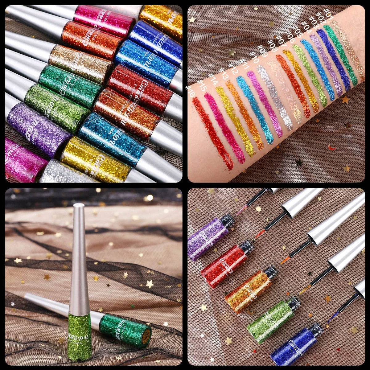 CHARMCODE metallic eyeliner close-up shows vivid pigment and precise lines with the fine tip.