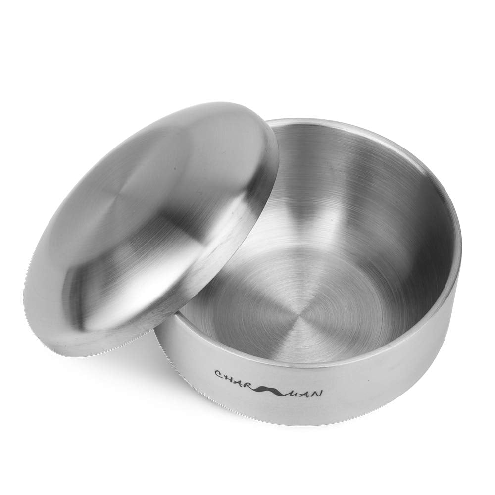 CHARMMAN stainless steel shaving bowl with lid shows durable finish and lid in place