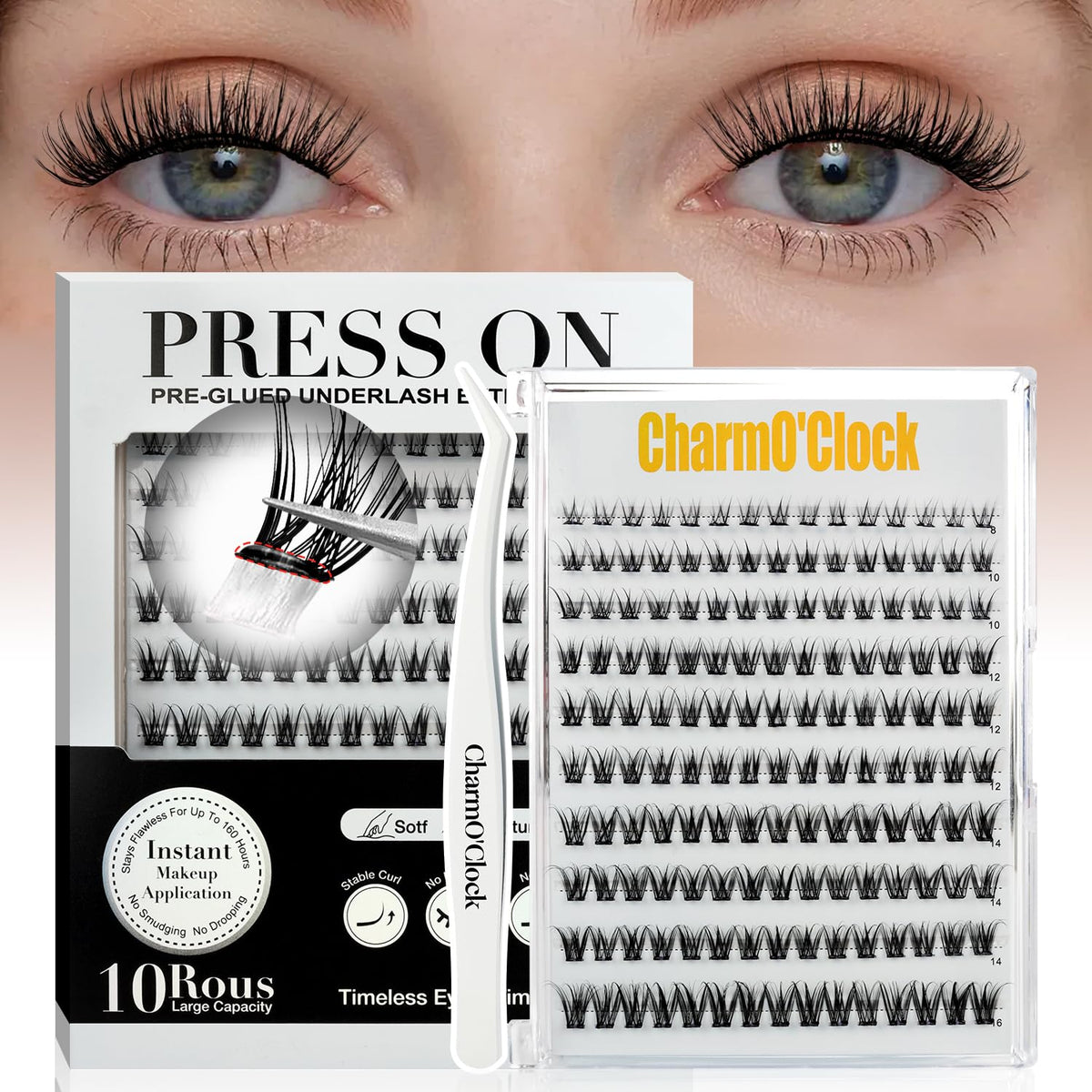 CHARMO'CLOCK self-adhesive eyelash clusters in a 150-piece pack for quick daily glam.