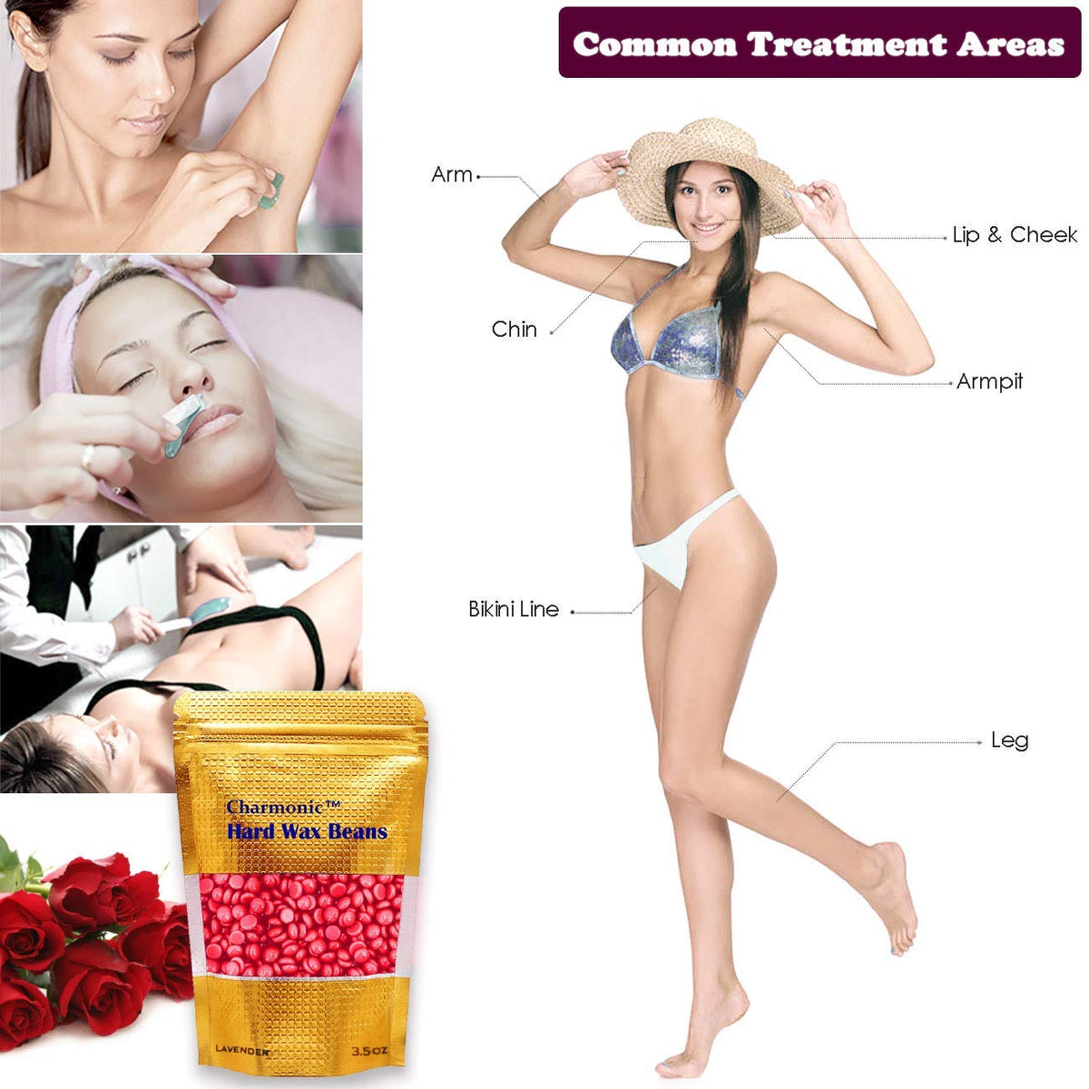 Charmonic spatula spreading rose wax beads on skin.