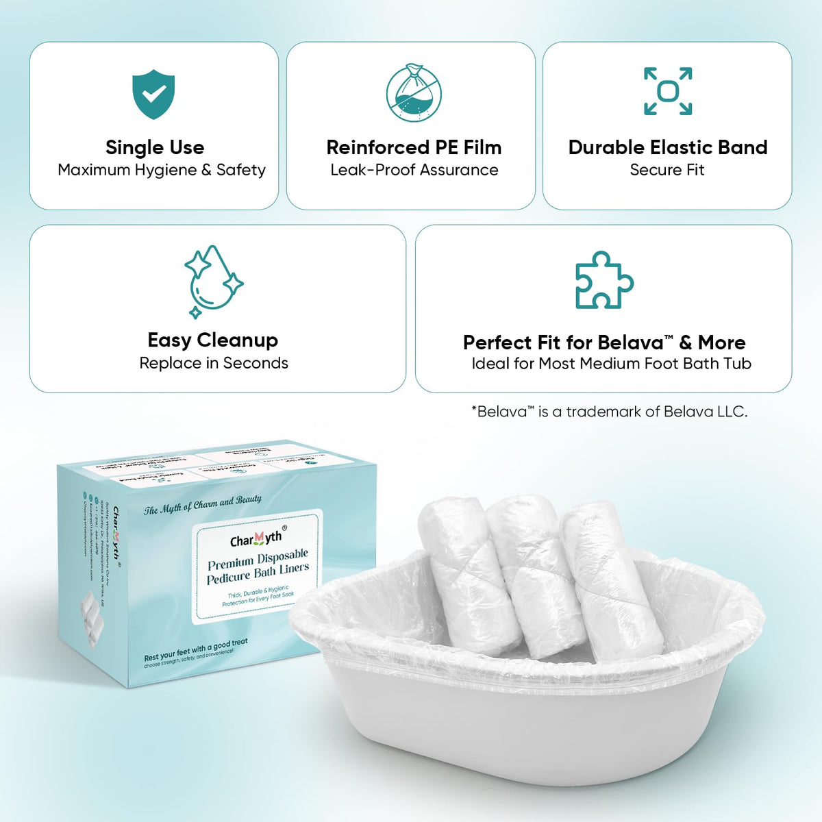 Charmyth Pedi Guard sanitary disposable liner highlight for quick, hygienic tub cleanup after use.