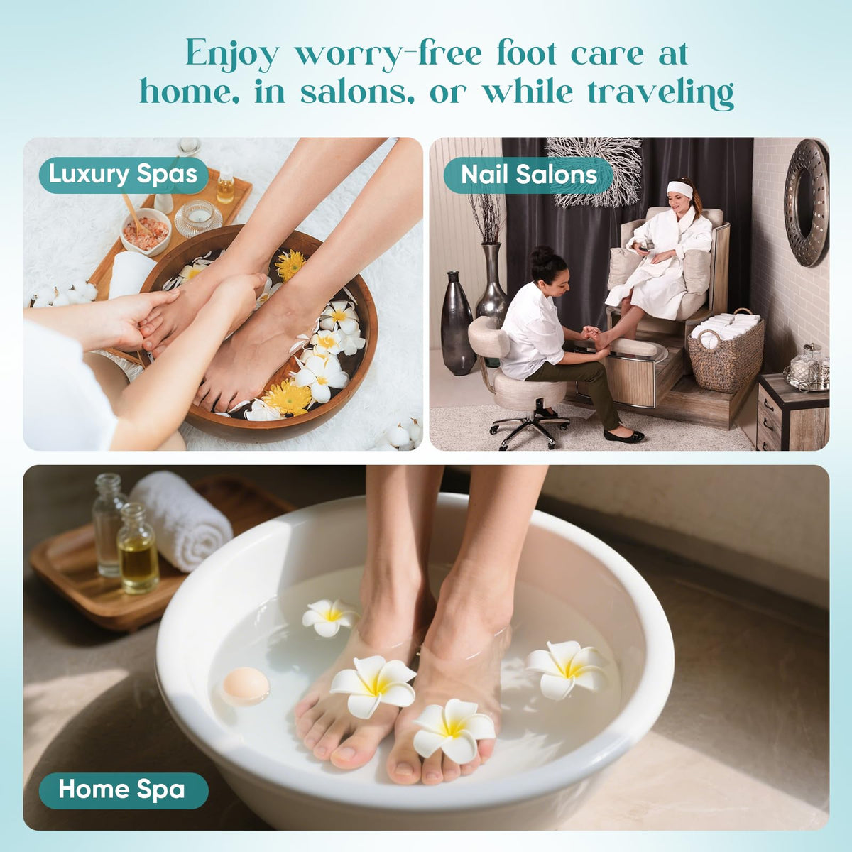Charmyth Pedi Guard travel-home-use layout showing liners ready for on-the-go pedicures.