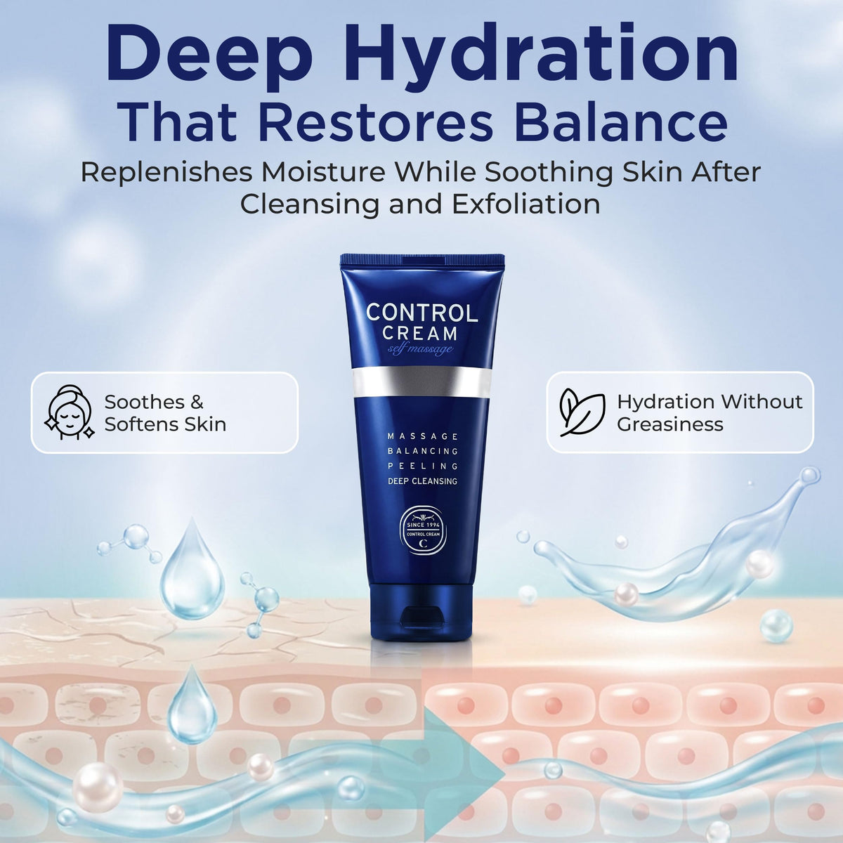 CHARMZONE Control Cream tube highlighting easy daily self-massage for balanced oil.