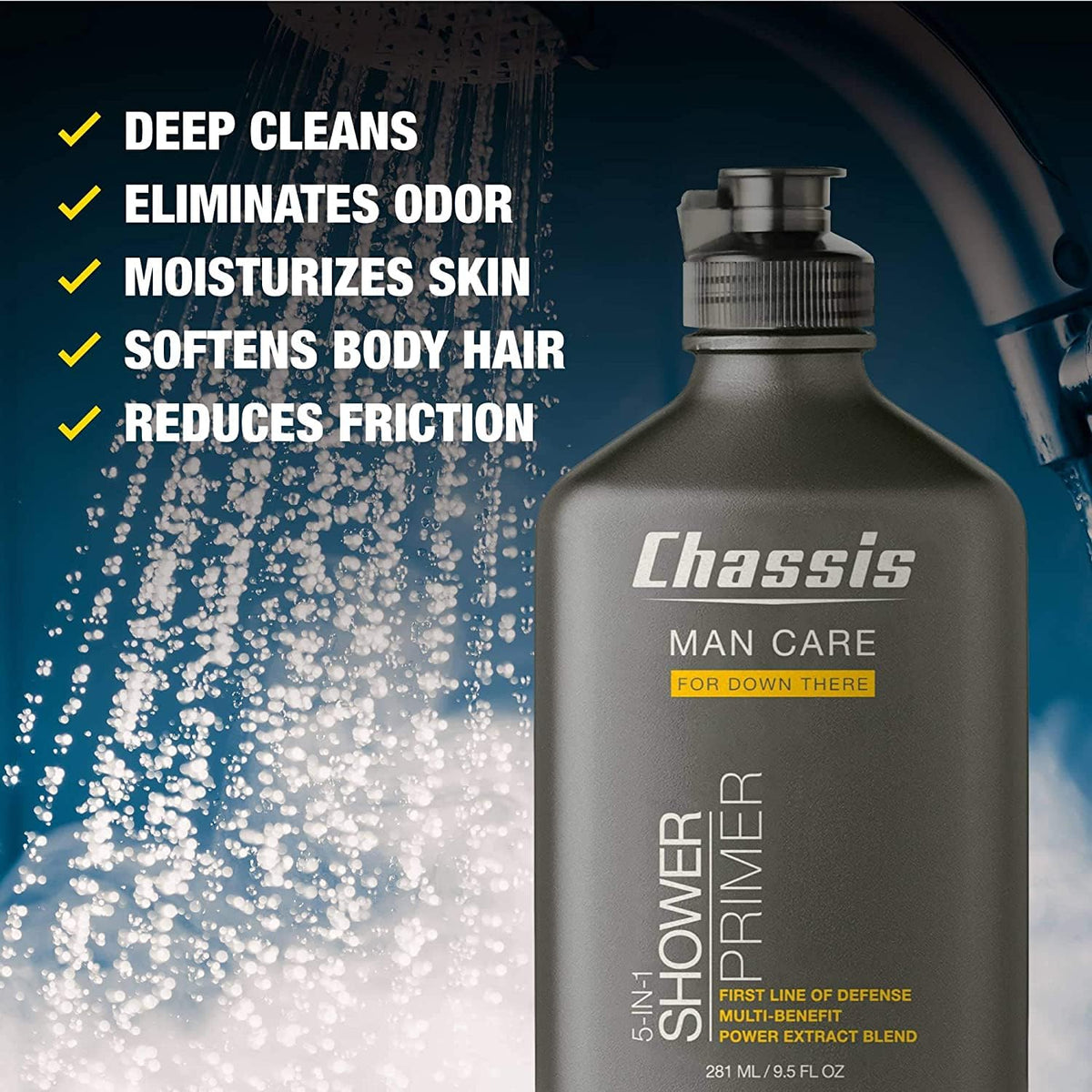 Chassis men anti-chafing gel application showing smooth, friction-free skin.