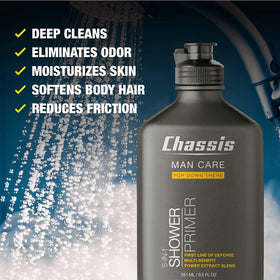Chassis men anti-chafing gel application showing smooth, friction-free skin.