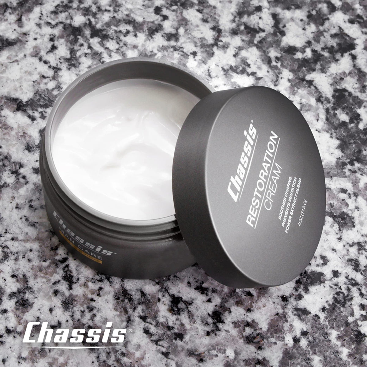 Chassis Restoration Cream skin-detail shot underscores moisturizing relief.