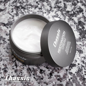 Chassis Restoration Cream skin-detail shot underscores moisturizing relief.