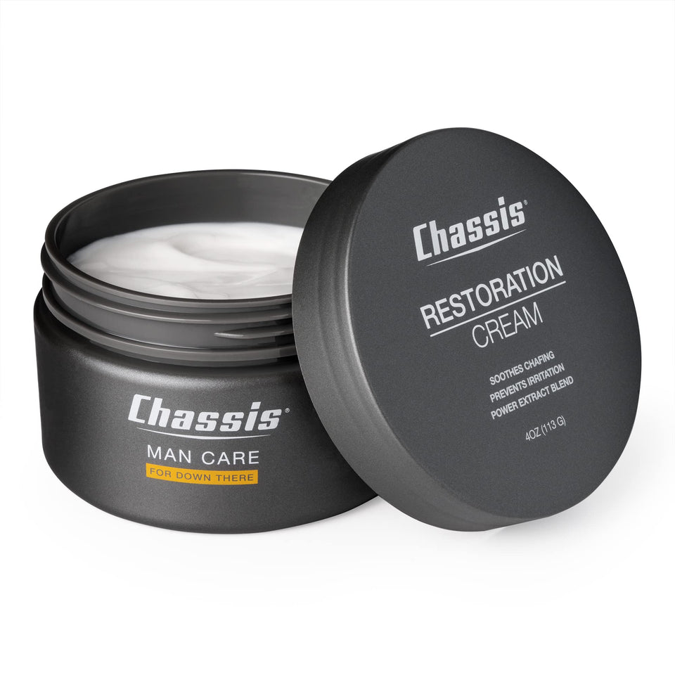 Chassis Restoration Cream tube close-up showing smooth application and skin protection.