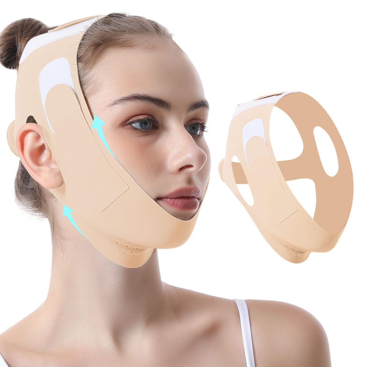 CheckSimple chin strap sleeping beige resting softly on skin for night wear.