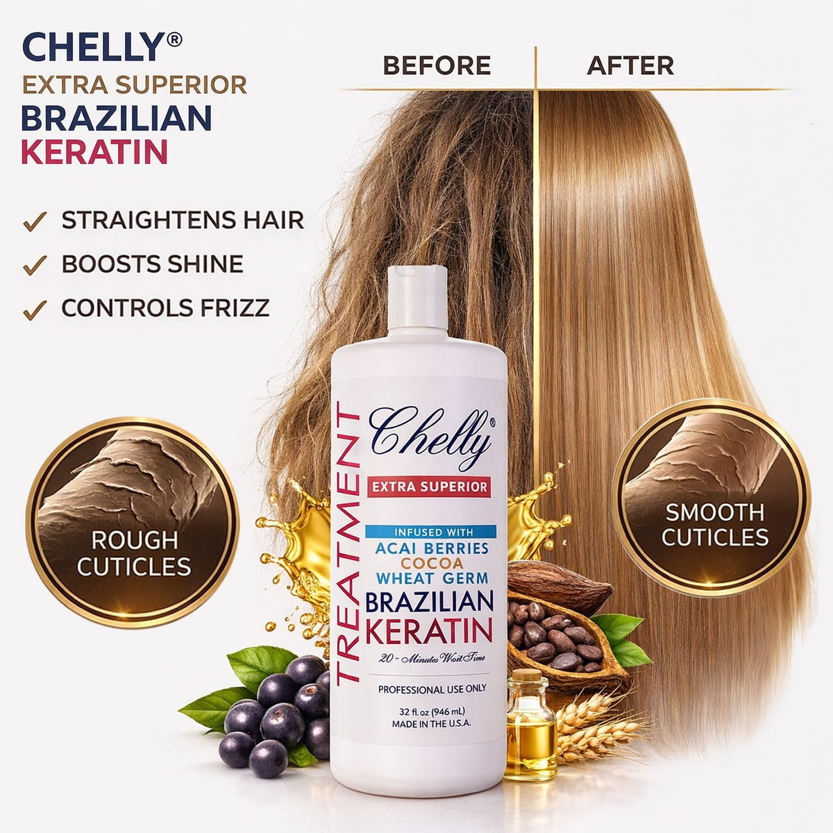 CHELLY Superior Brazilian Keratin bottle close-up highlighting premium formula packaging and clarity.