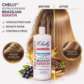 CHELLY Superior Brazilian Keratin bottle close-up highlighting premium formula packaging and clarity.