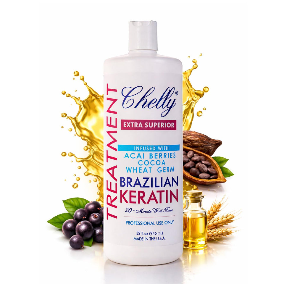CHELLY Superior Brazilian Keratin bottle pour demonstrates even application and smooth results.