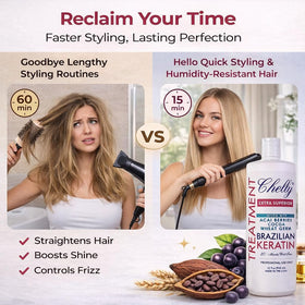 Ingredients panel shows Wheat Germ Oil and Panthenol in CHELLY keratin formula.