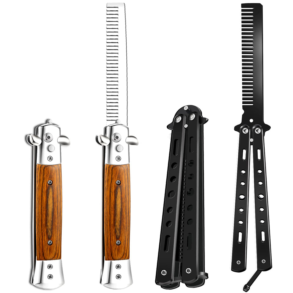 CHENGU wood grain switchblade comb open for quick on the go grooming