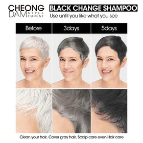 CHEONGDAM STYLE Forest Black Change Shampoo before-after highlights grey hair transformation.