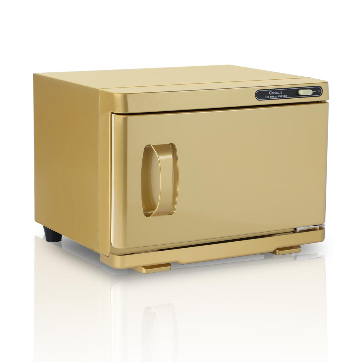 Chetunju towel warmer front view in gold, spa-ready towels.