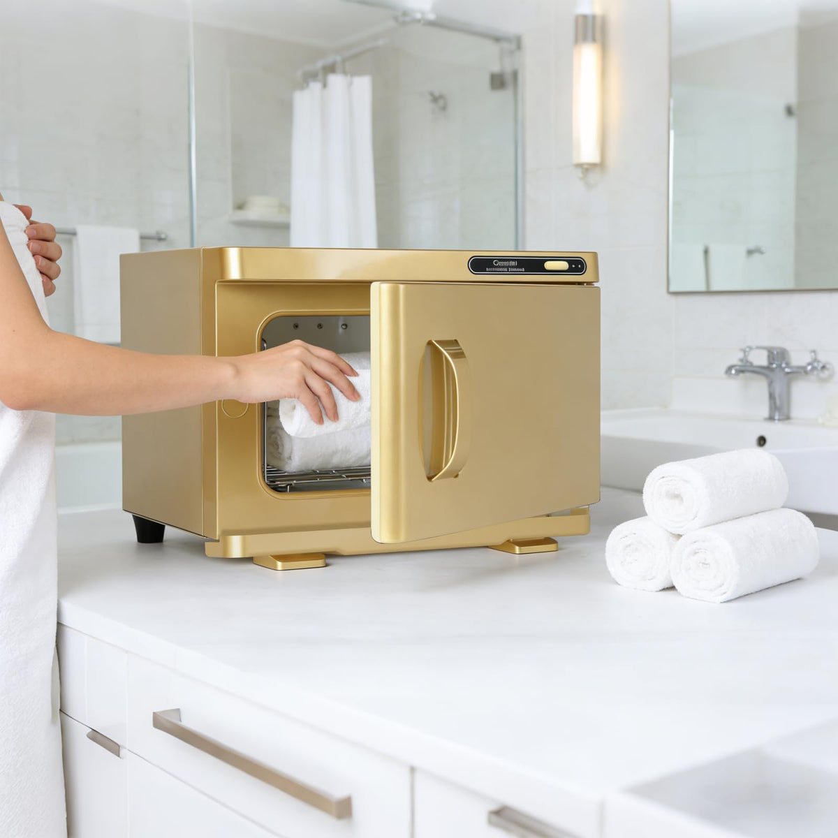 Chetunju towel warmer interior compartment organized for quick towel access.