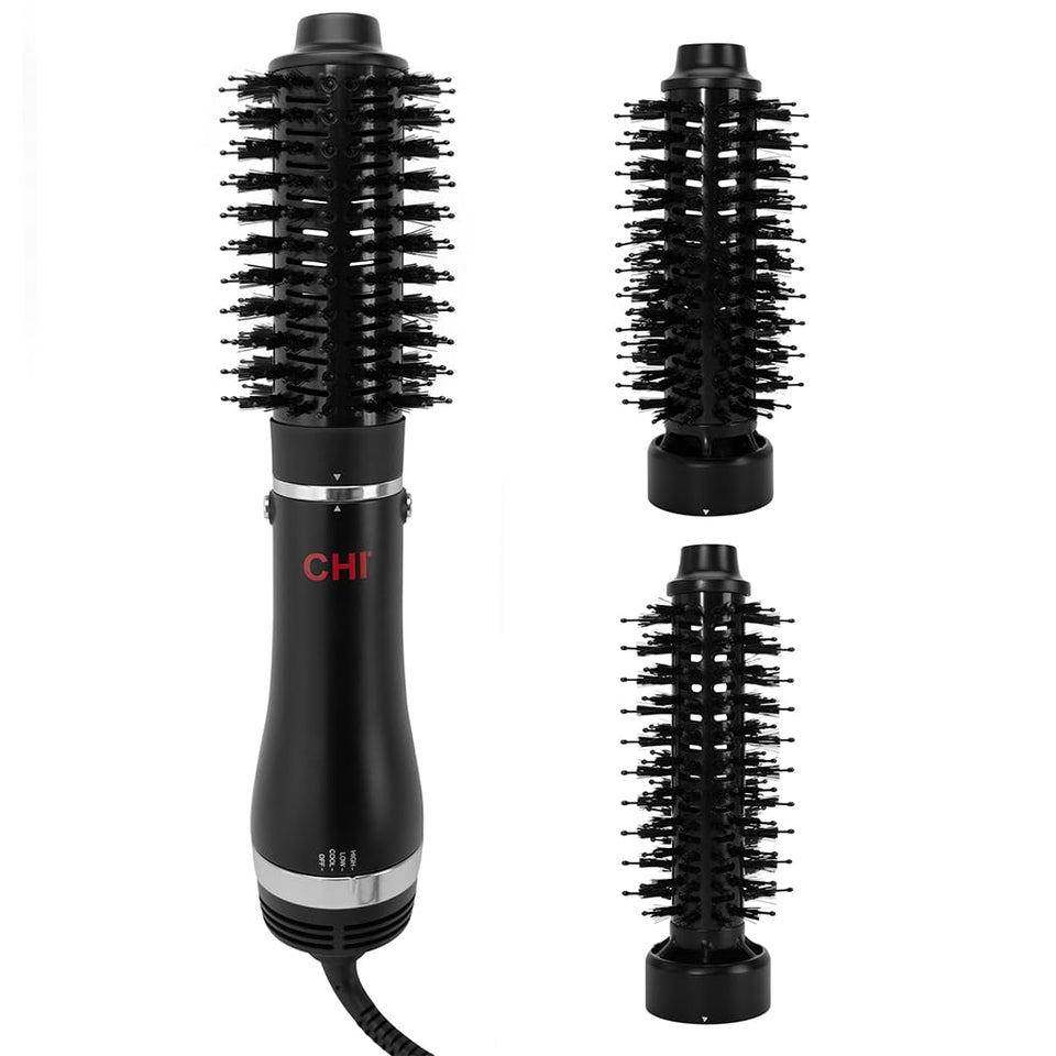 CHI 3-in-1 Round Blowout Brush front view highlights compact design for salon-worthy styling.