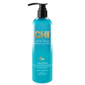 CHI Aloe Vera Curl Enhancing Shampoo bottle shows moisture for defined curls