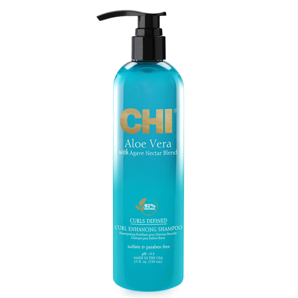 CHI Aloe Vera Curl Enhancing Shampoo bottle shows moisture for defined curls
