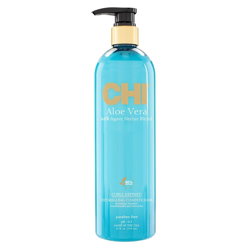 CHI Aloe Vera Detangling Conditioner bottle showcasing sulfate-free moisture for smoother curls.