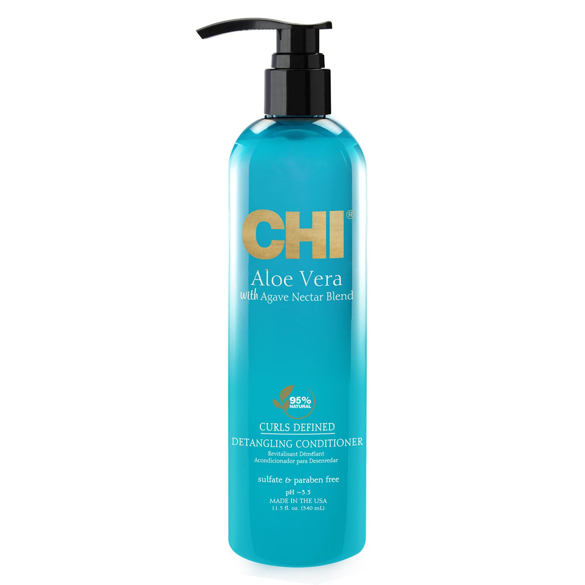 CHI Aloe Vera Detangling Conditioner bottle shows silk‑infused moisture for detangling.