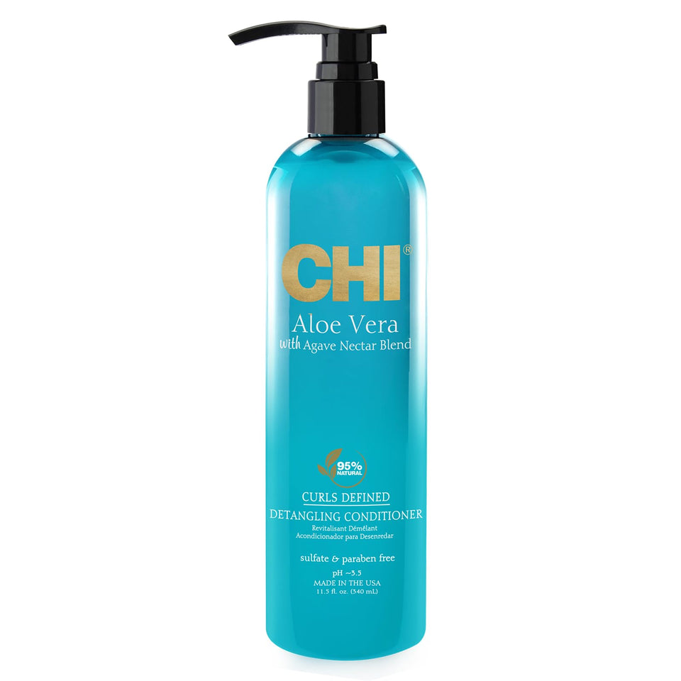 CHI Aloe Vera Detangling Conditioner bottle shows silk‑infused moisture for detangling.