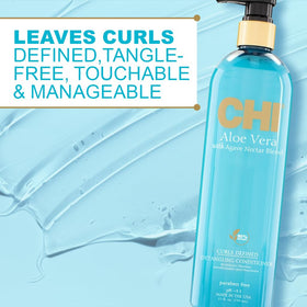 Closeup of CHI Aloe Vera Detangling Conditioner label highlighting natural ingredients.
