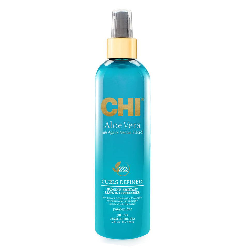 CHI Aloe Vera Leave-In bottle showing moisture for defined curls