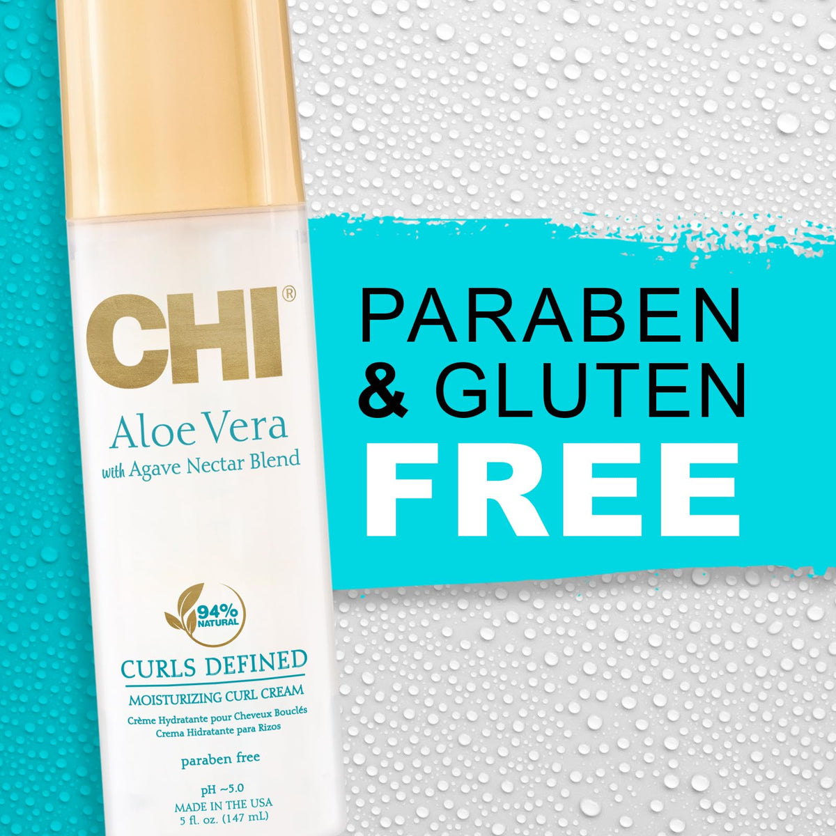 CHI Aloe Vera line ingredients display including Aloe Vera Oil and Silk Protein