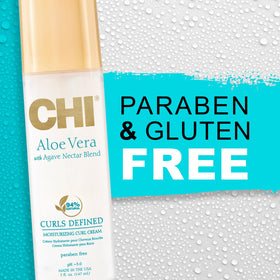 CHI Aloe Vera line ingredients display including Aloe Vera Oil and Silk Protein