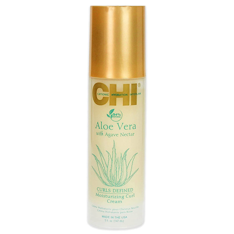 CHI Aloe Vera Moisturizing Curl Cream bottle showing lightweight formula for defined curls