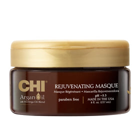 CHI Argan Oil Rejuvenating Masque bottle showing moisture-rich formula for smoother, healthier-looking hair.