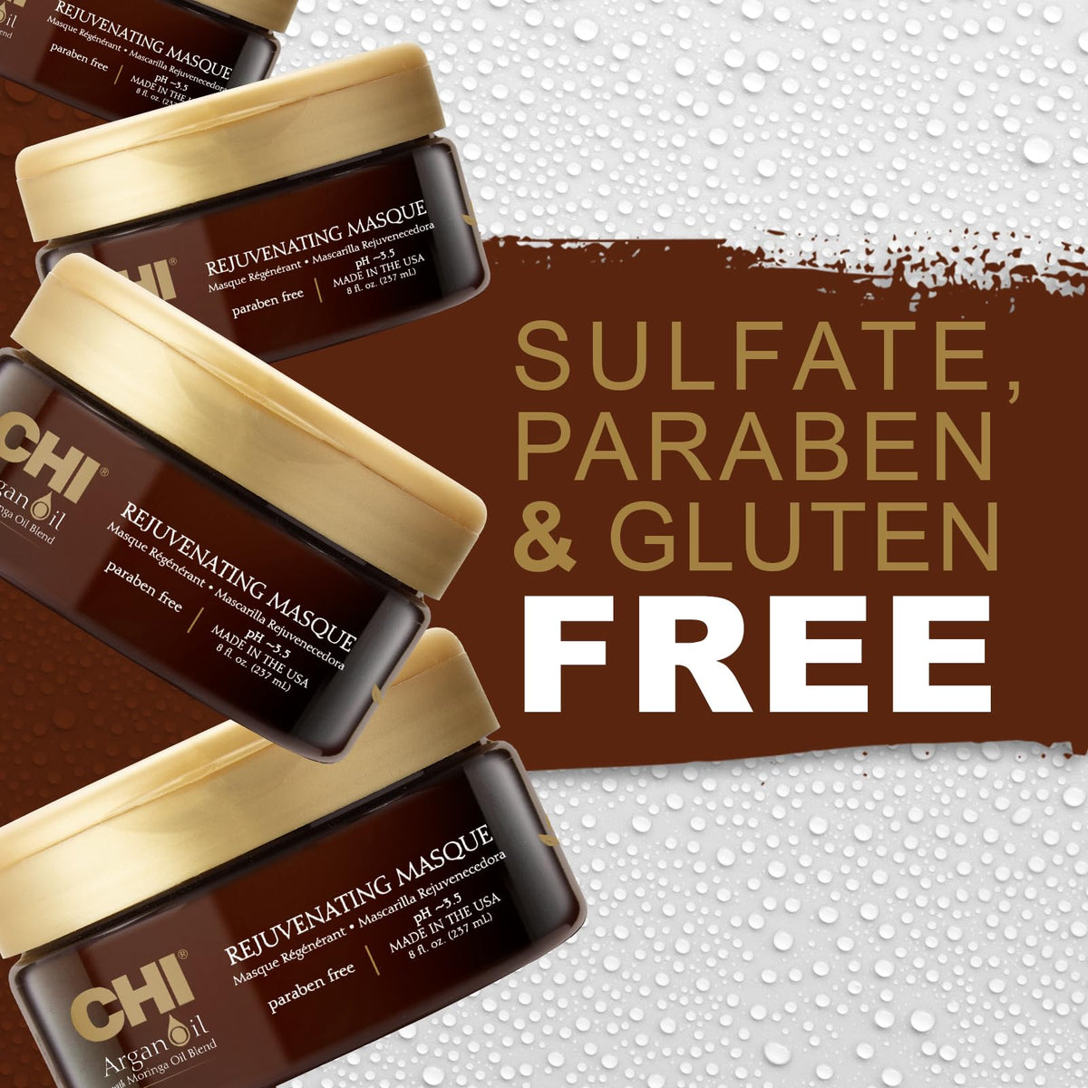 CHI Argan Oil Rejuvenating Masque ingredients illustrate vitamin-rich nourishment.