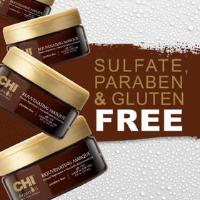 CHI Argan Oil Rejuvenating Masque ingredients illustrate vitamin-rich nourishment.